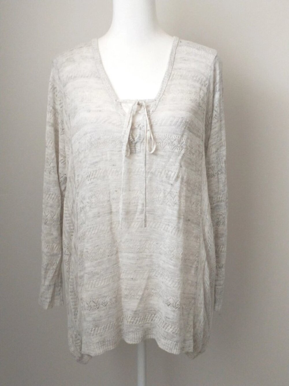 Lucky Brand Linen Open-Knit Slouchy Coastal Tunic Sweater Top with Tie L